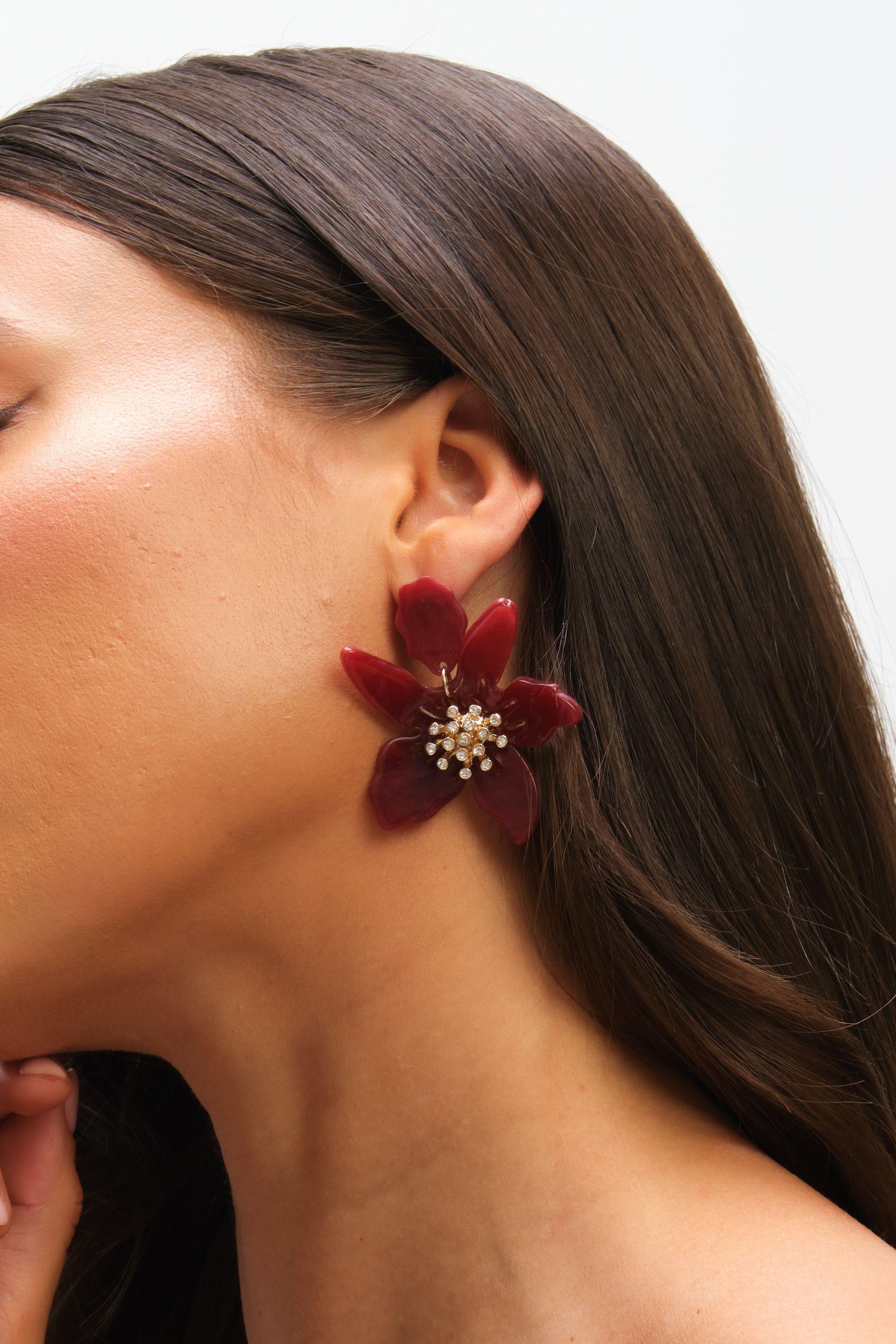 Mood Burgundy Resin Flower Statement Drop Earrings image 2
