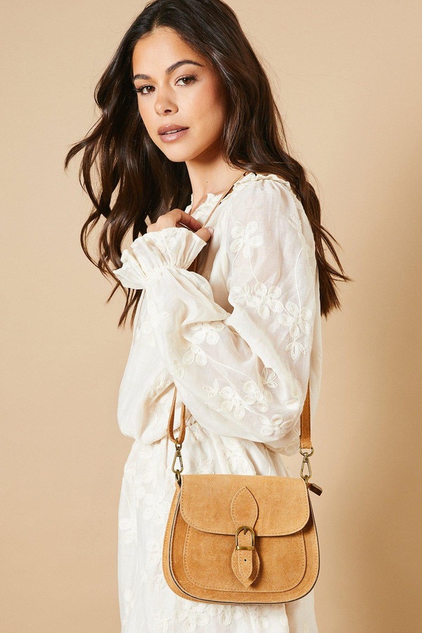 Oasis Polarisia Suede Cross Body Saddle Bag Tan