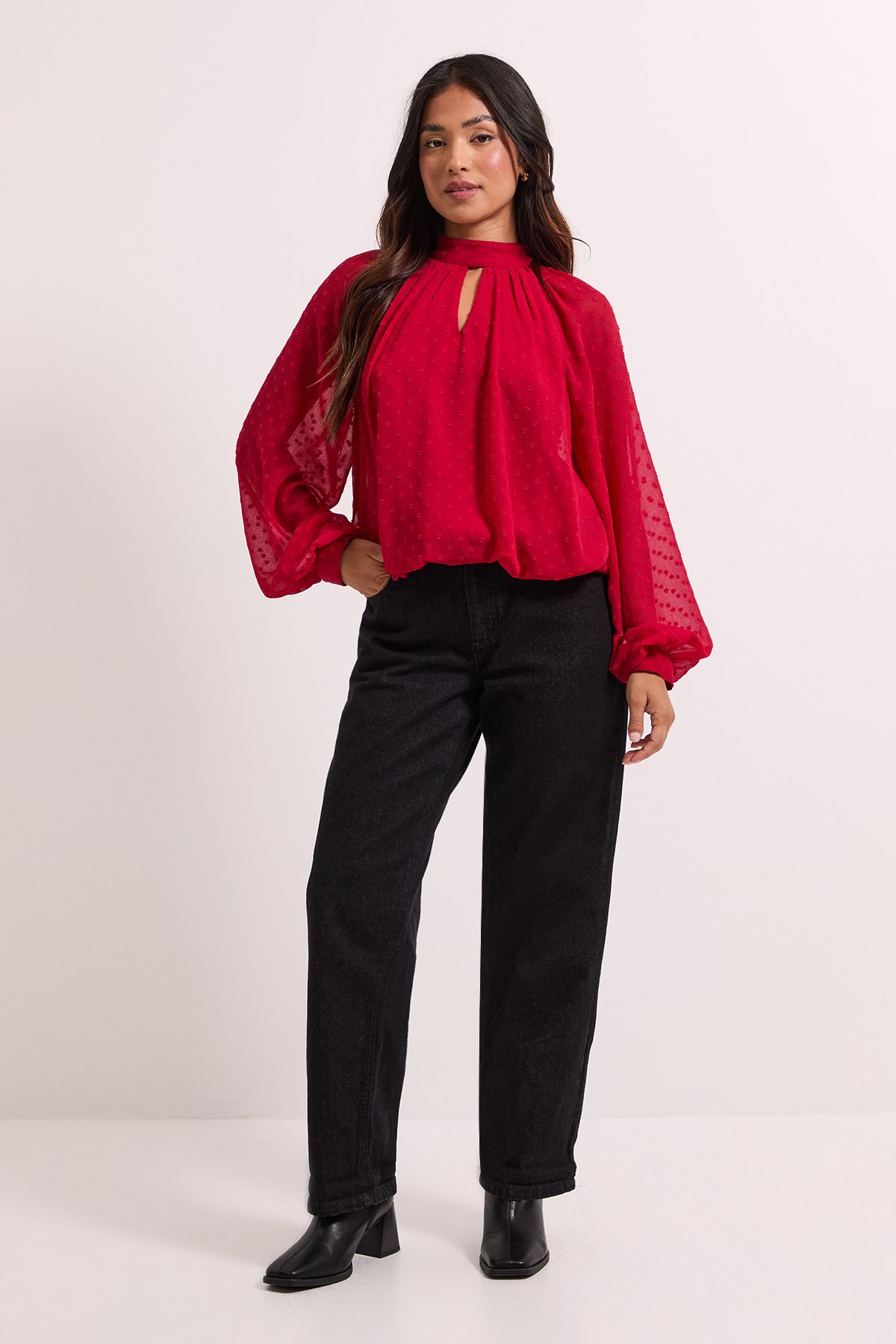 Dorothy Perkins Petite Tie Neck Keyhole Blouson Sleeve Blouse Red