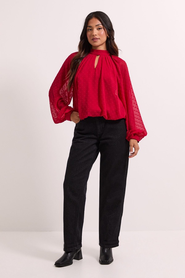 Dorothy Perkins Petite Tie Neck Keyhole Blouson Sleeve Blouse Red