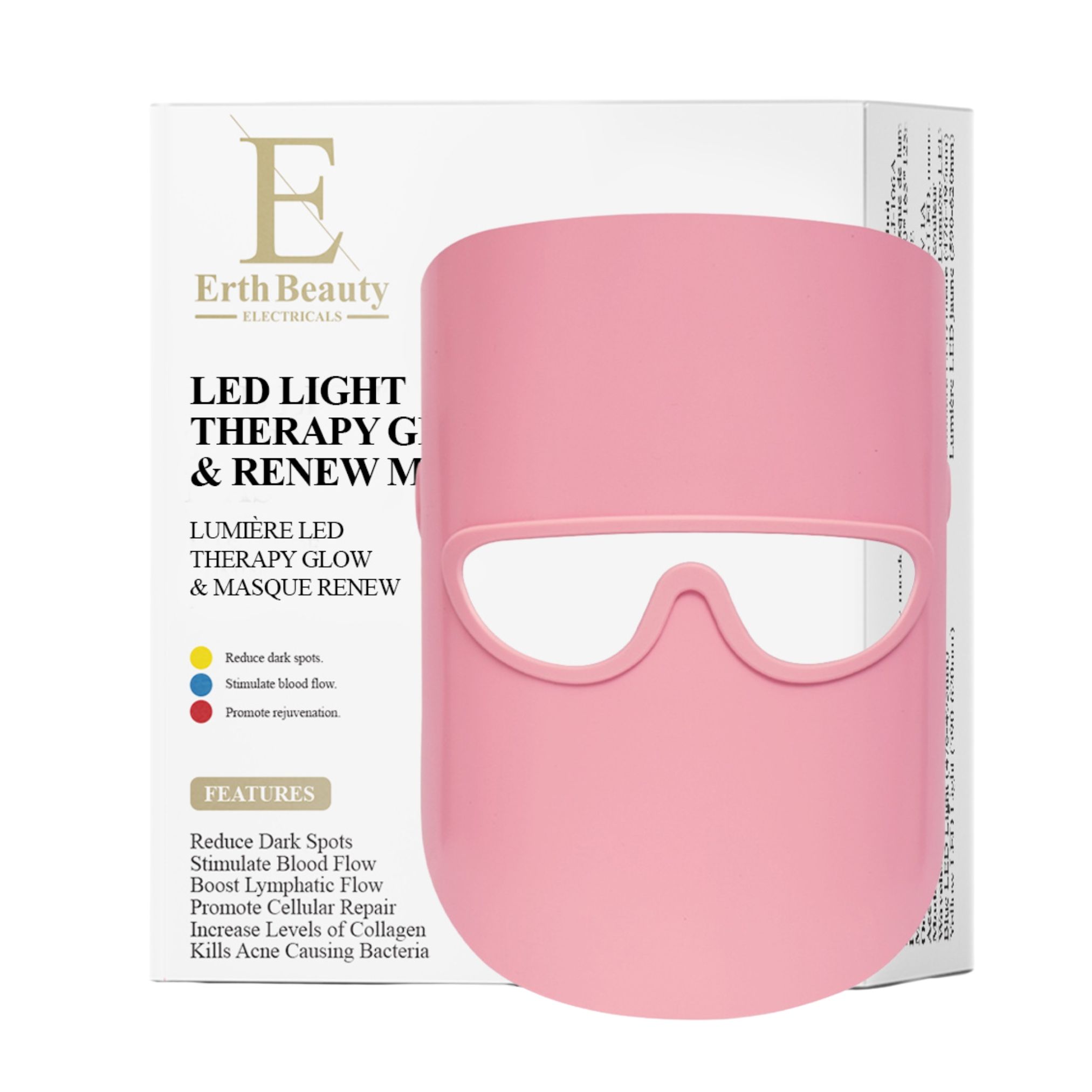 Erth Skin London LED Light Therapy Glow & Renew Mask - 3 Color Modes/Pink image 1