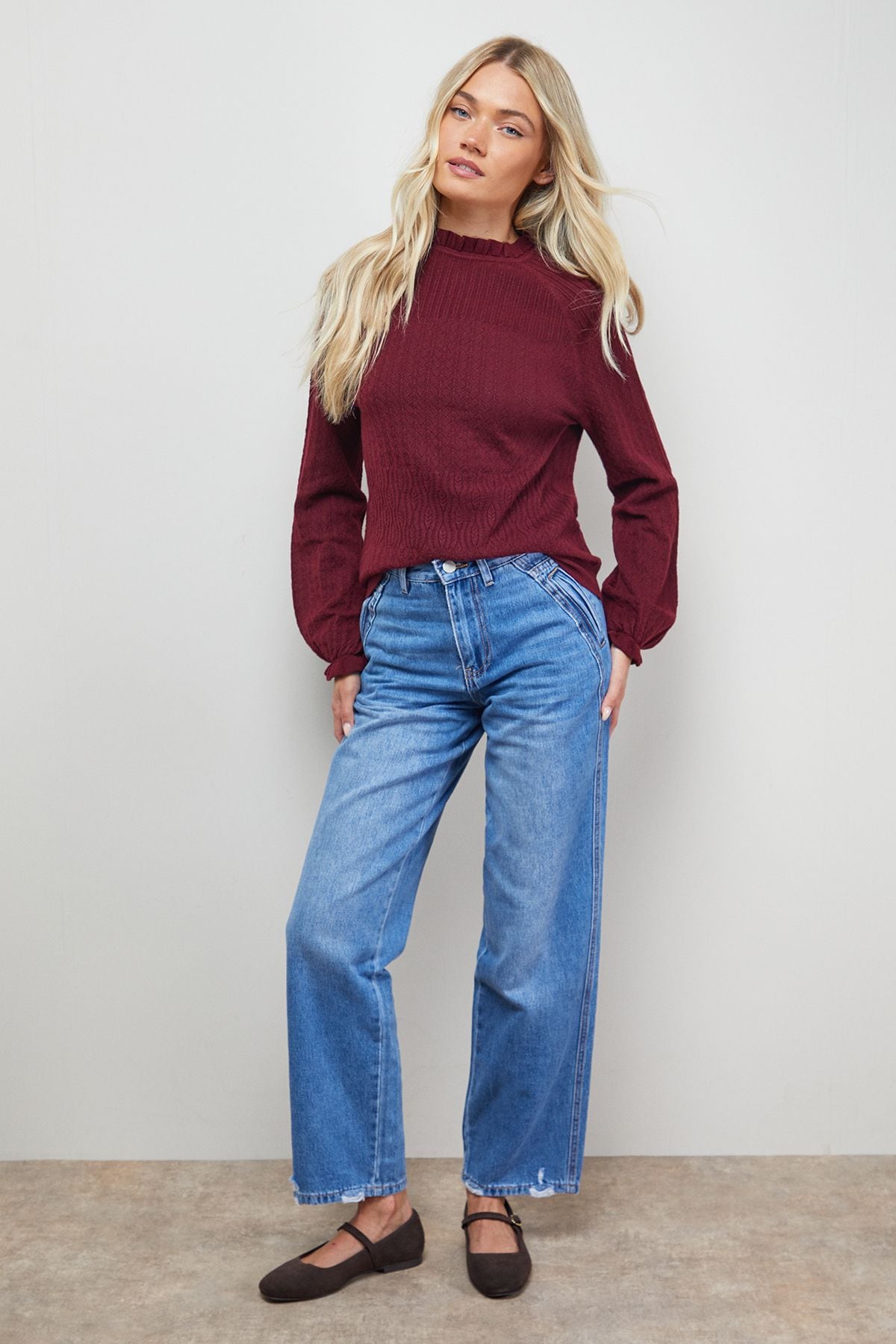 Oasis Ruffle Cuff and Collar Jumper Burgundy image 2