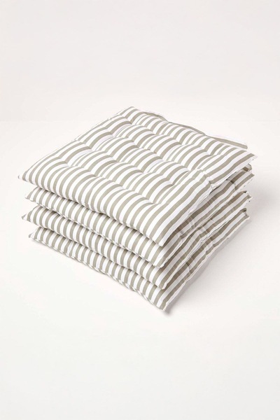 Homescapes Set of 4 Grey Stripe Seat Pad with Button Straps 100% Cotton 40 x 40 cm