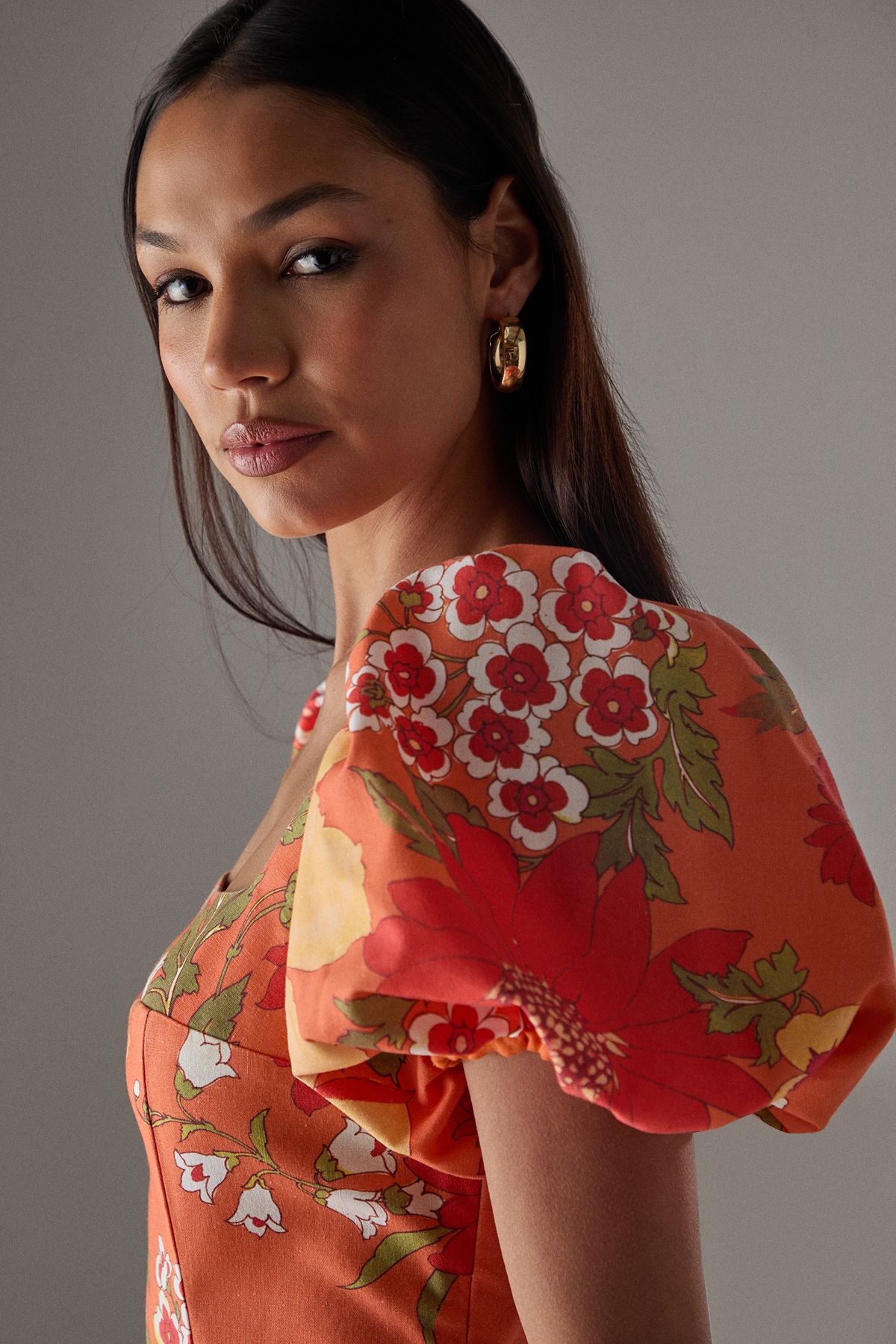 Warehouse HCD Floral Linen Square Neck Puff Sleeve Mini Dress Floral image 4