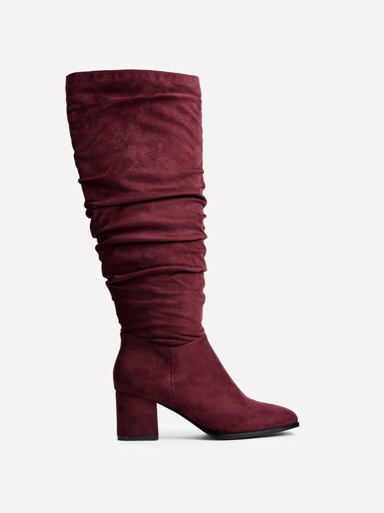 Linzi Margot Burgundy Faux Suede Knee High Block Heeled Ruched Boot image 1