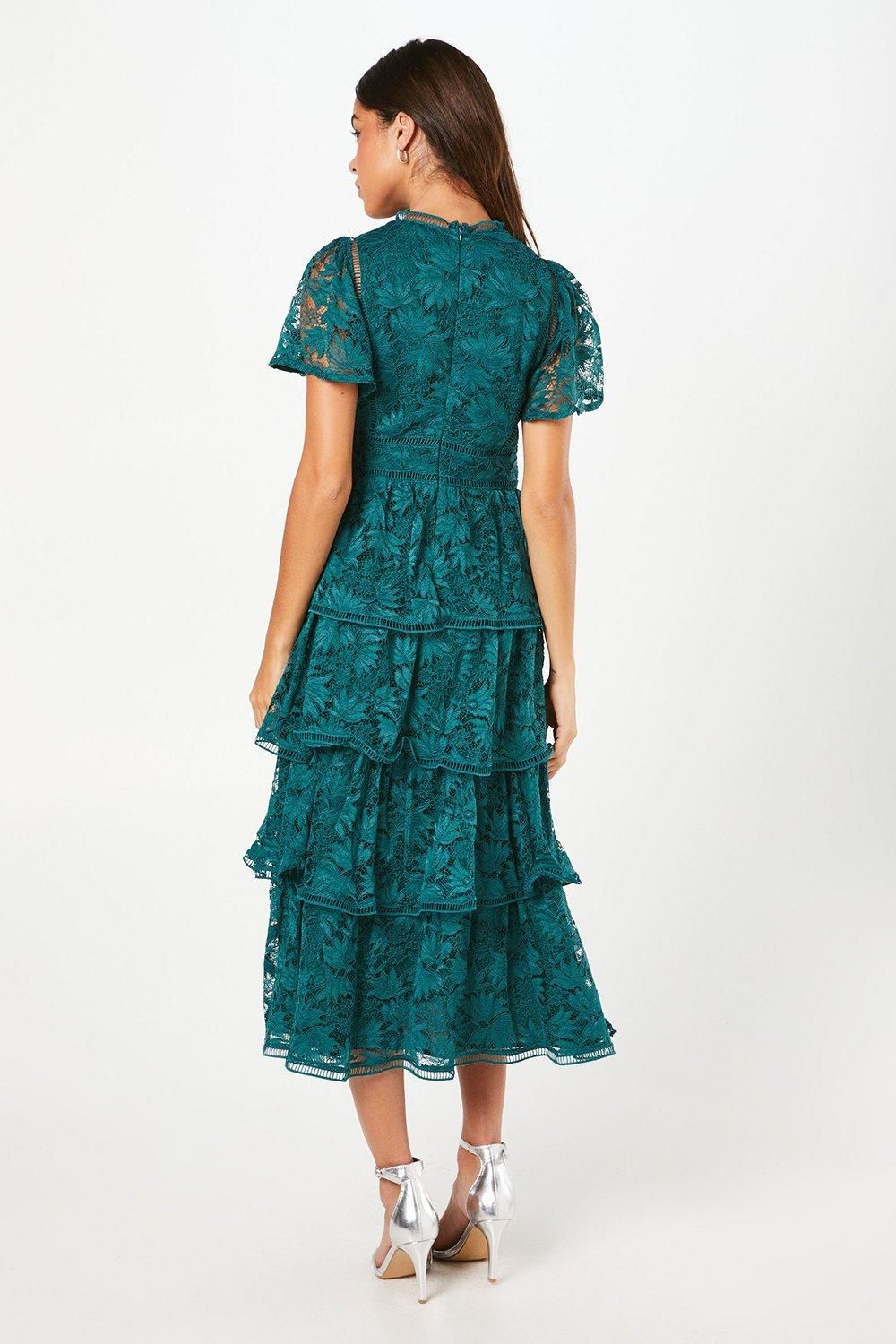 Coast Petite Tiered Lace Dress With Flutter Sleeve & Trims Dark Green image 3