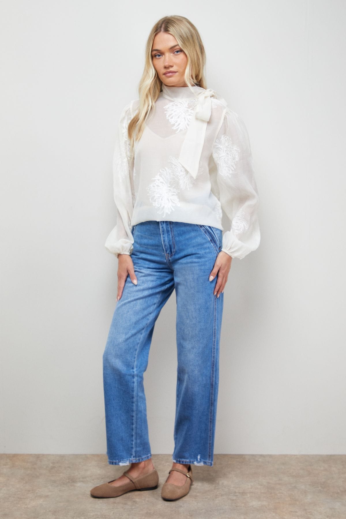 Oasis Embroidered Tie Neck Blouse Mocha image 2