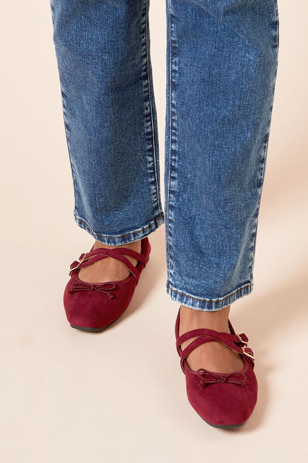 Dorothy Perkins Margaret Faux Suede Cross Strap Mary Jane Flat Ballet Pumps Burgundy image 3