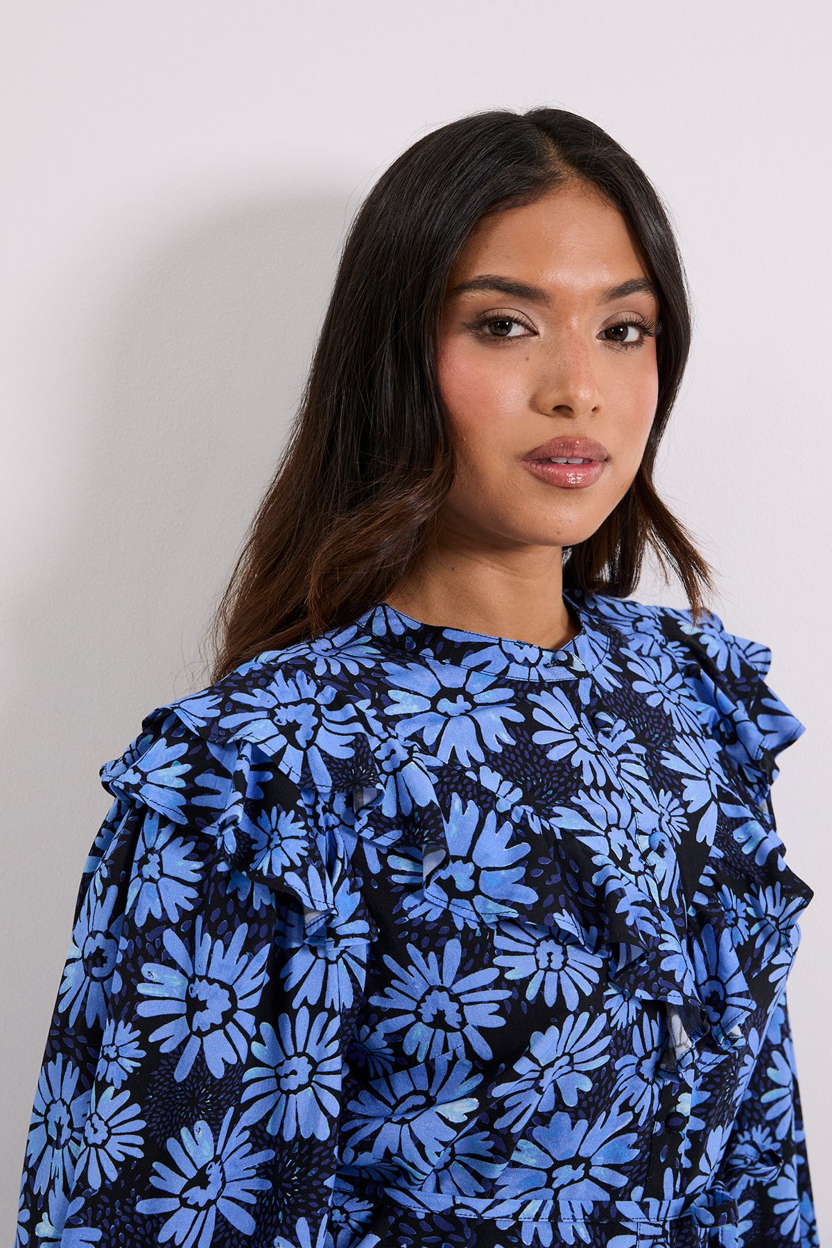 Dorothy Perkins Petite Blue Daisy Frill Yoke Belted Mini Shirt Dress Blue image 4