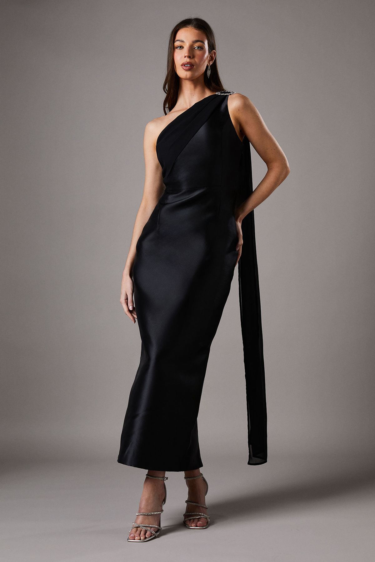 Coast One Shoulder Twill Gown With Diamante Brooch Black image 1