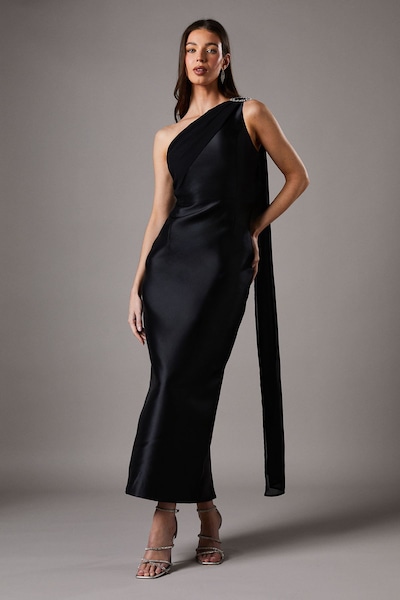 Coast One Shoulder Twill Gown With Diamante Brooch Black