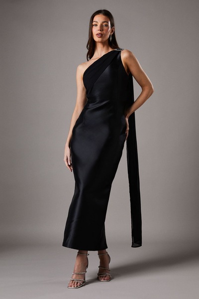 Coast One Shoulder Twill Gown With Diamante Brooch Black