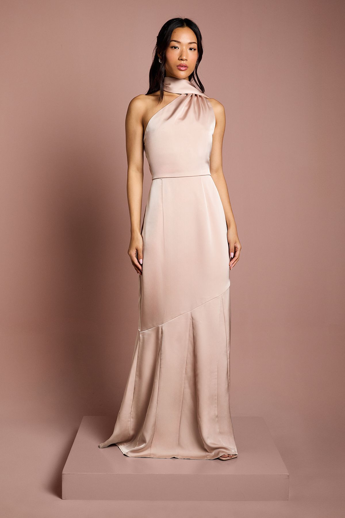 Coast Satin One Shoulder Fishtail Maxi Dress With Neck Tie Blush image 1