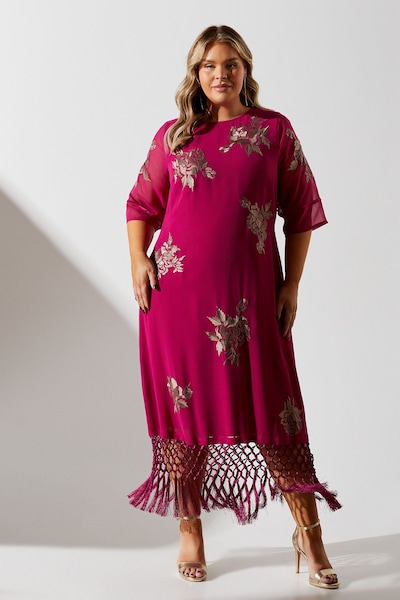 Coast Plus Fringe Hem Embellished Shift Dress Berry