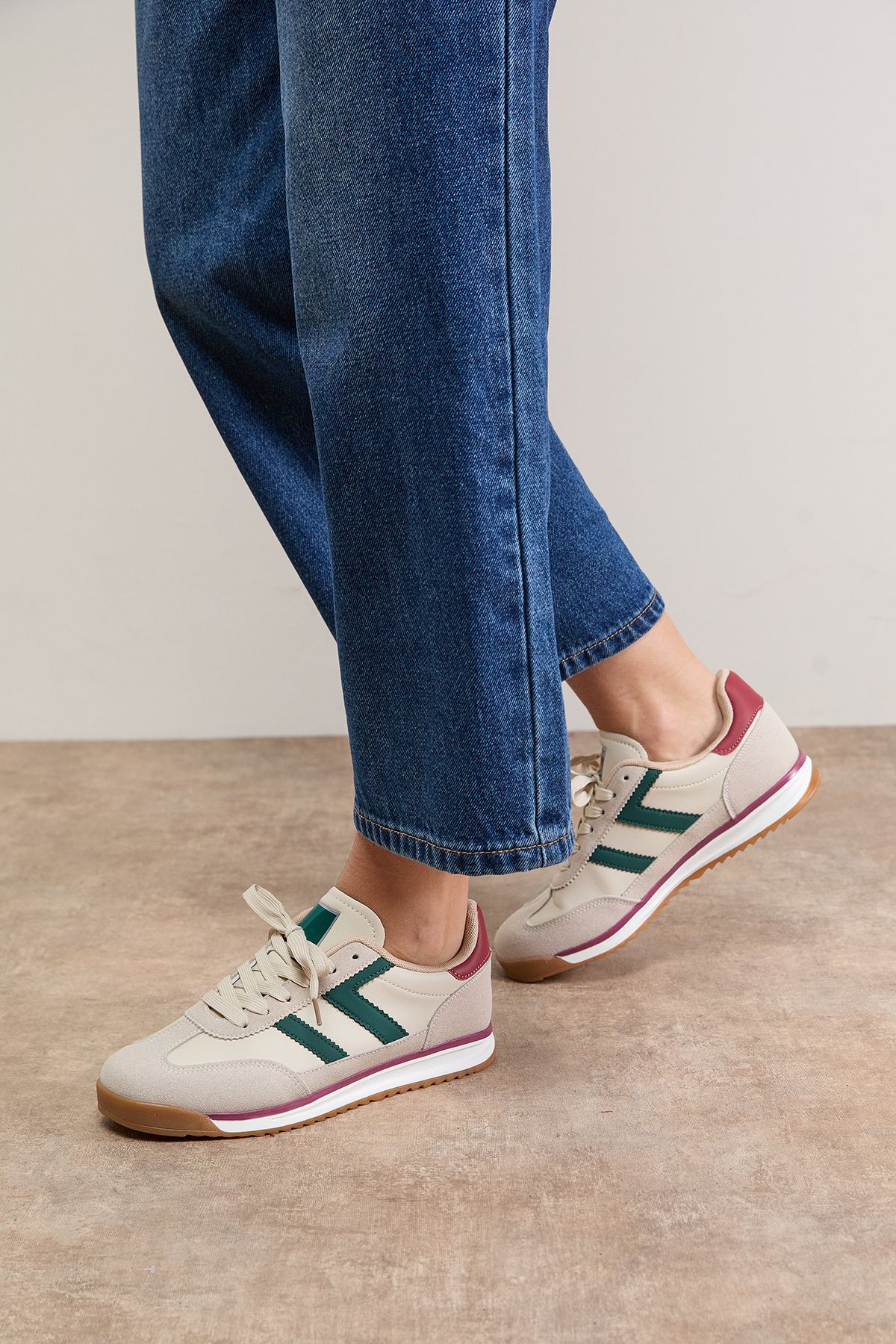 Oasis Ingrid Mixed Material Lace Up Trainers Beige image 1