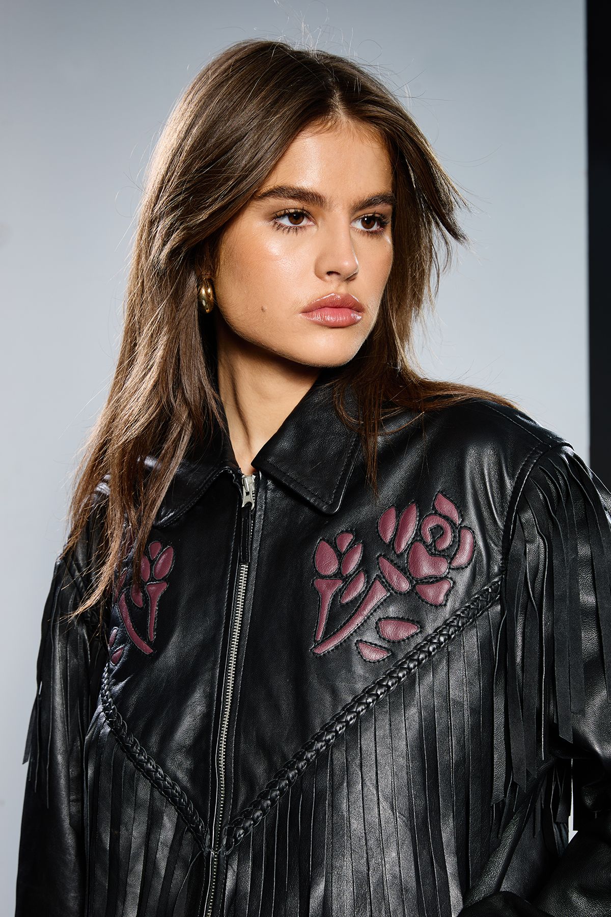 RUNWAY 1.8.1.8 Runway 1.8.1.8 Leather Rose Detail Fringed Jacket Black image 4