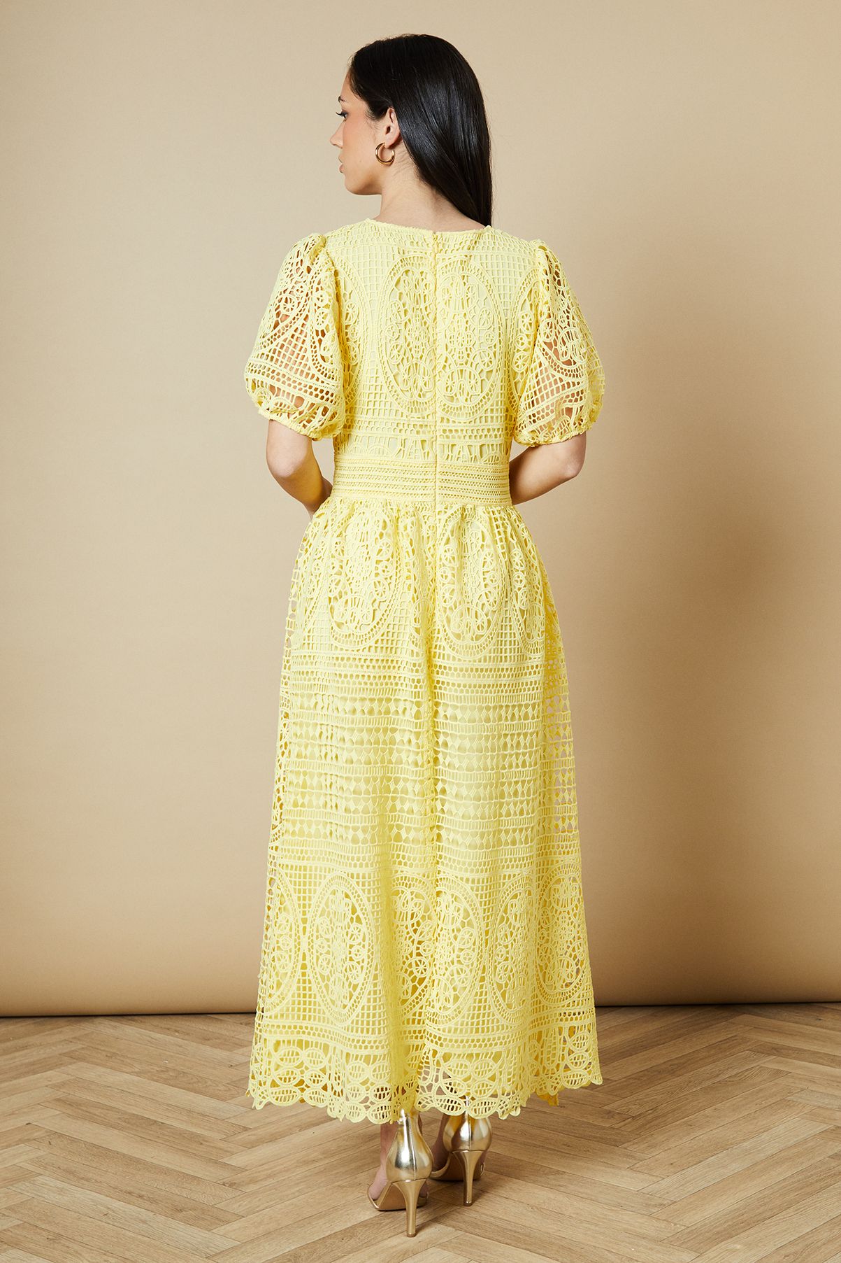 Oasis Lace Puff Sleeve Midaxi Dress Yellow image 3