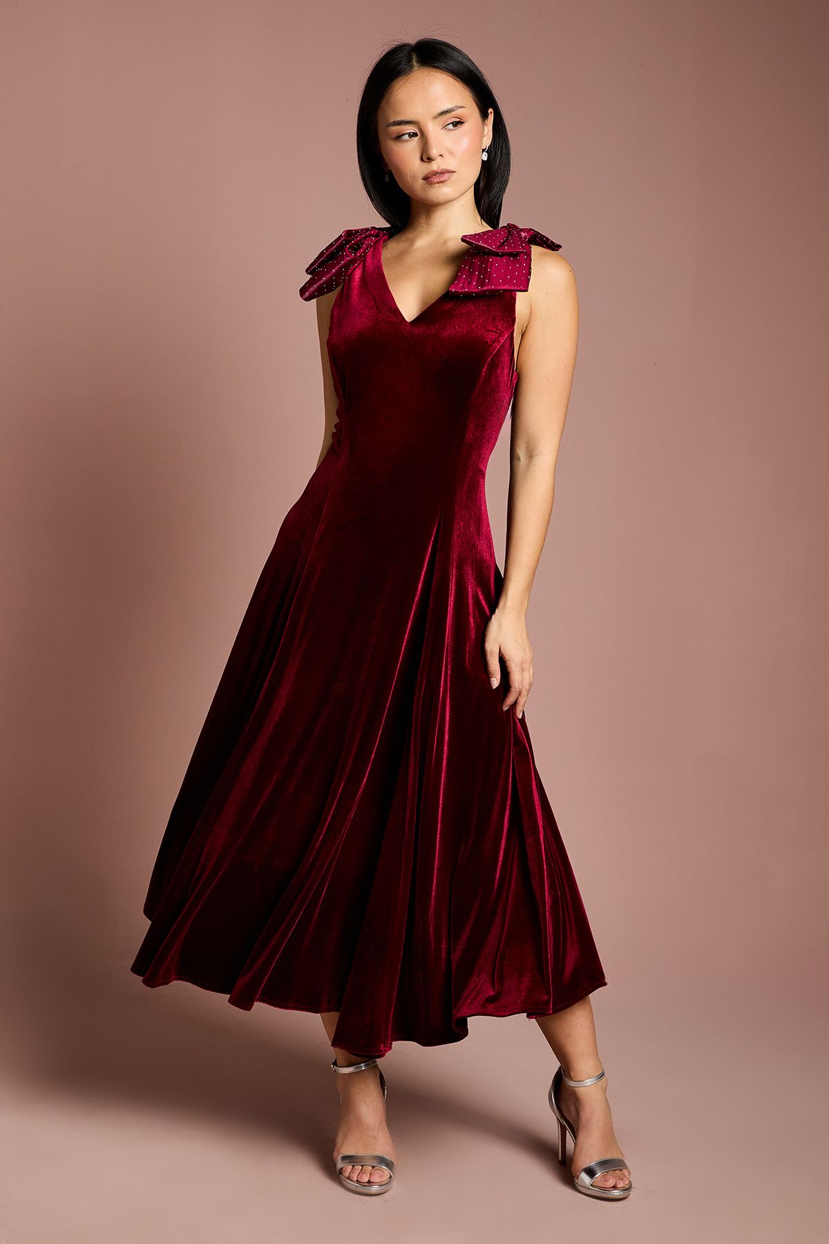 Coast Petite Hotfix Bow Shoulder Velvet Midi Dress Wine image 1