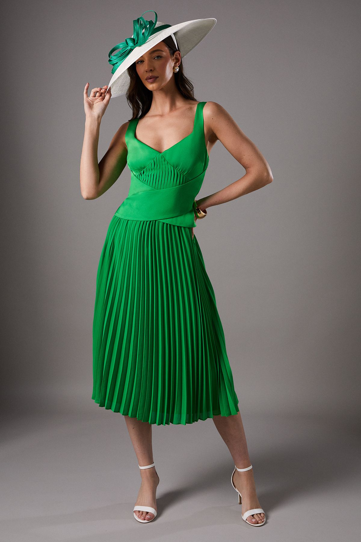 Coast Lisa Tan Peplum Cross Detail Pleated Midi Dress Green image 1