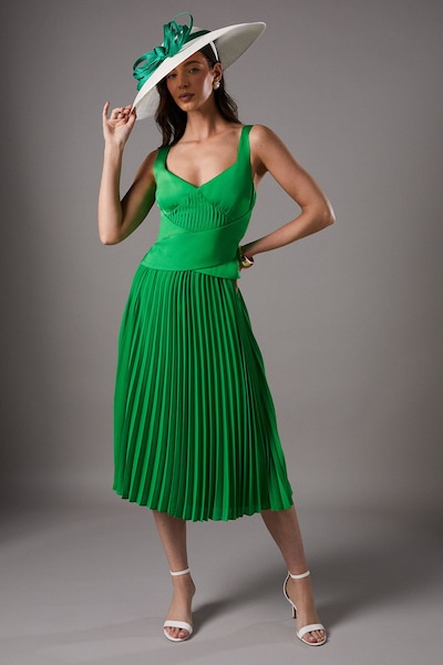Coast Lisa Tan Peplum Cross Detail Pleated Midi Dress Green