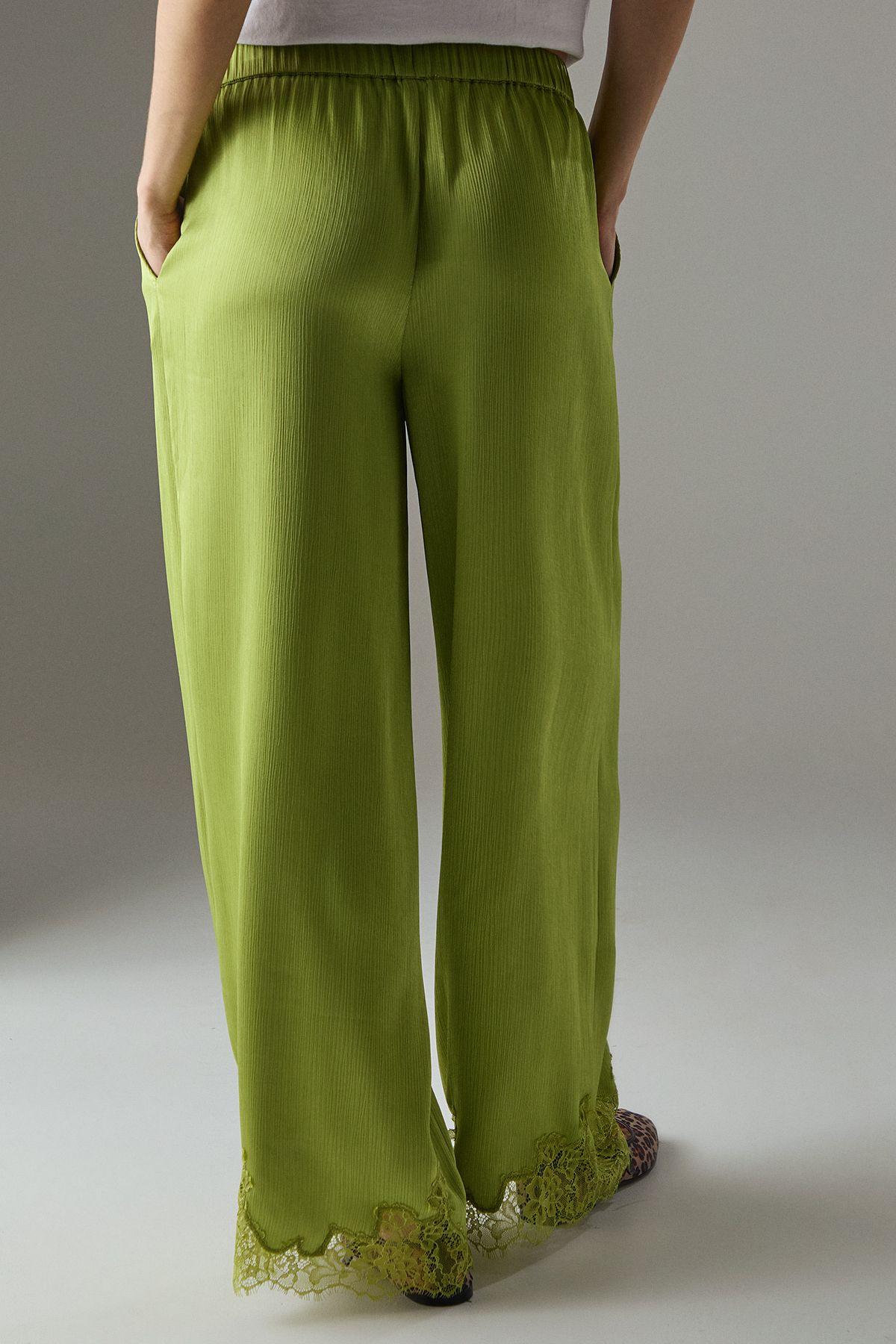 Warehouse Satin Lace Insert High Waisted Wide Leg Trousers Green image 5