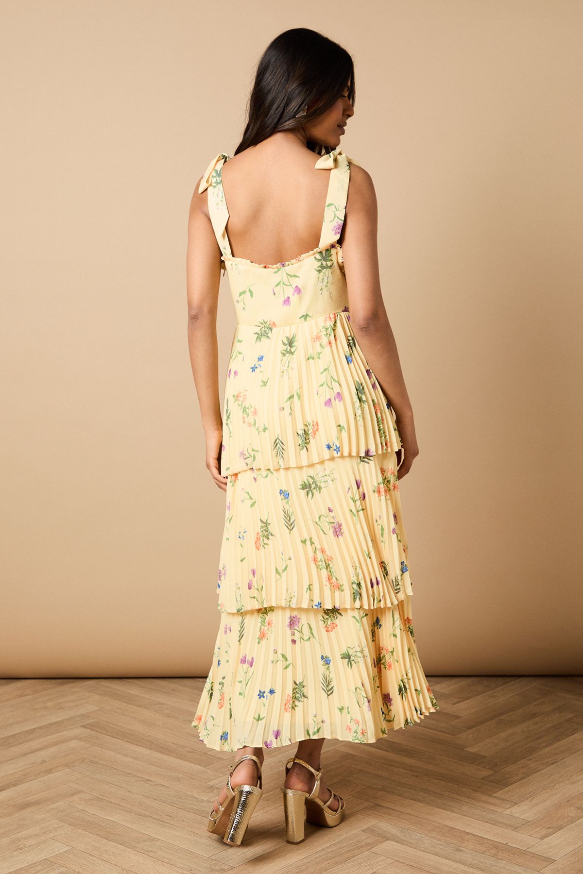 Oasis Petite Floral Pleated Tie Shoulder Midi Dress Lemon image 3