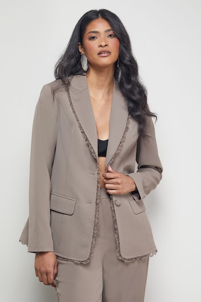 Warehouse Oversized Lace Frill Trim Single Breasted Blazer Mocha