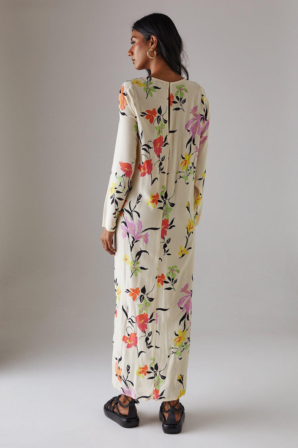 Warehouse Print Long Sleeve Column Midi Dress Floral image 3