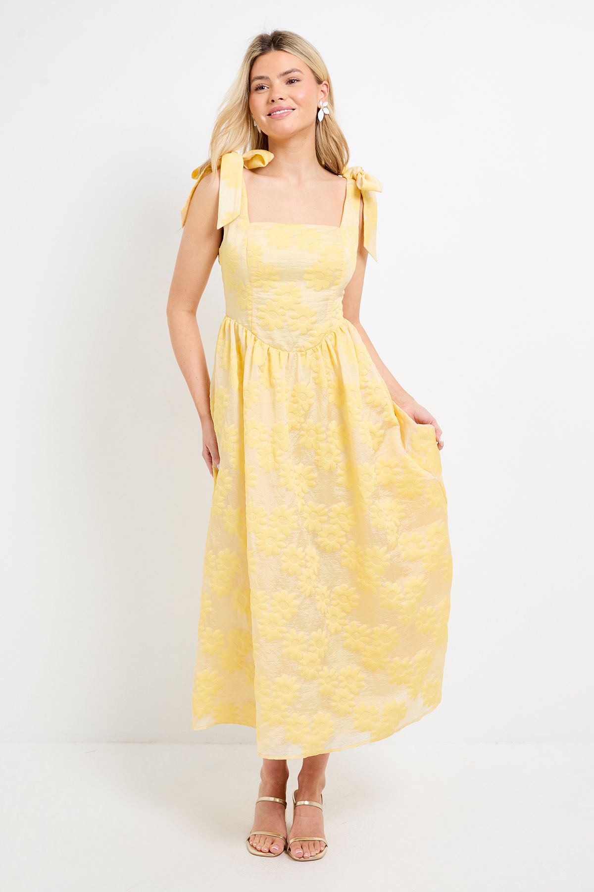 Dorothy Perkins DP Luxe Tie Shoulder Dropped Waist Floral Midi Dress Lemon