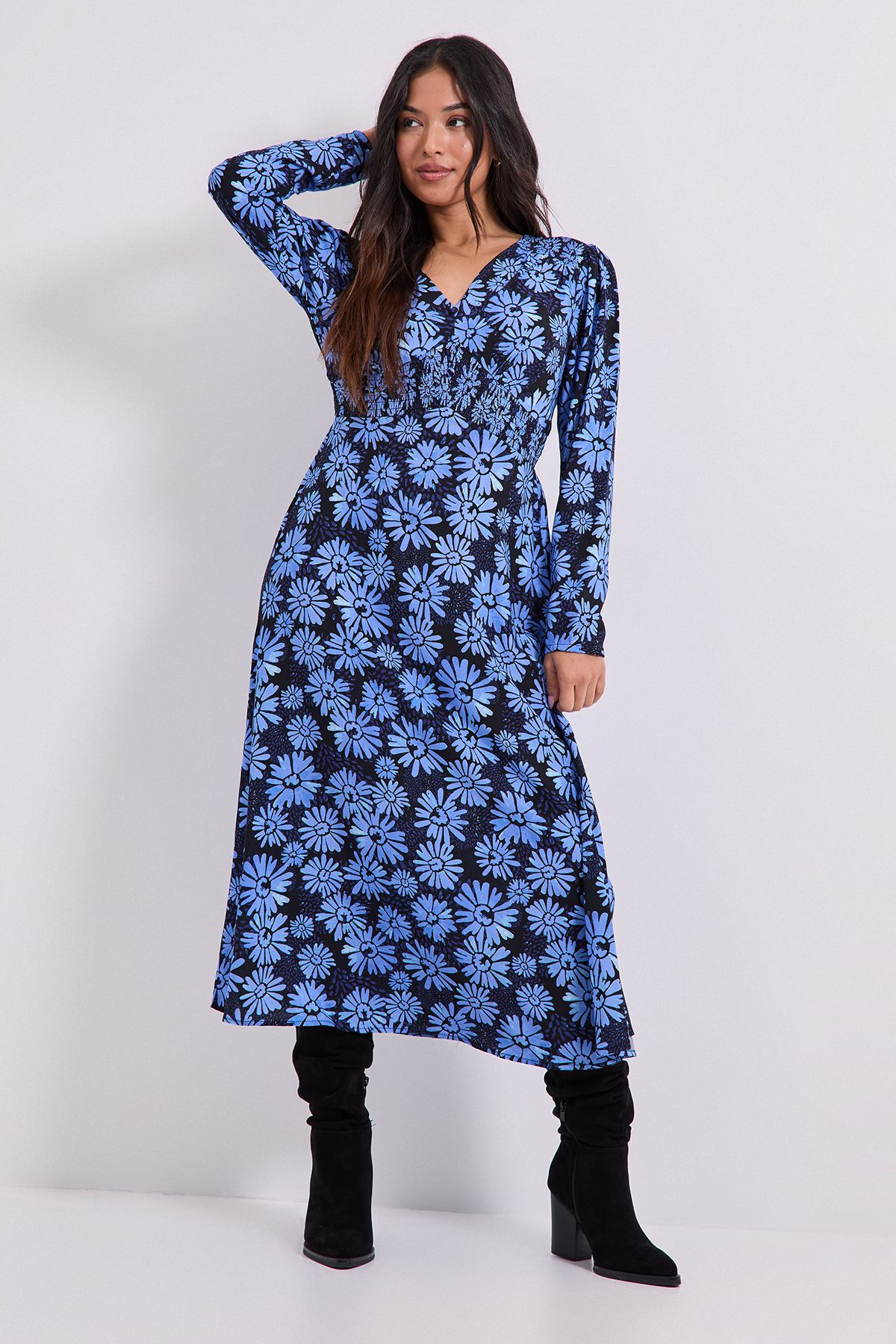 Dorothy Perkins Petite Blue Daisy Shirred Waist Button Detail Midi Dress Blue