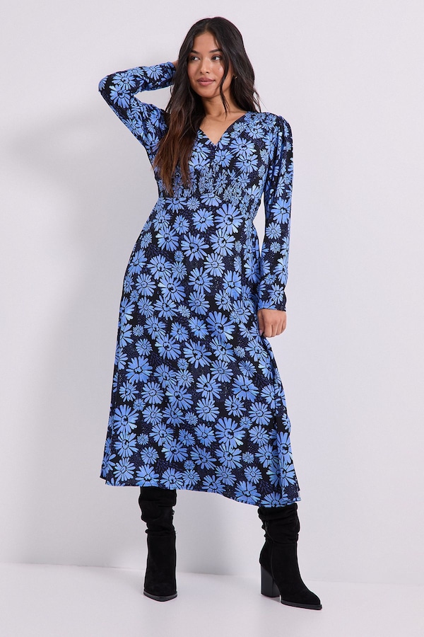 Dorothy Perkins Petite Blue Daisy Shirred Waist Button Detail Midi Dress Blue