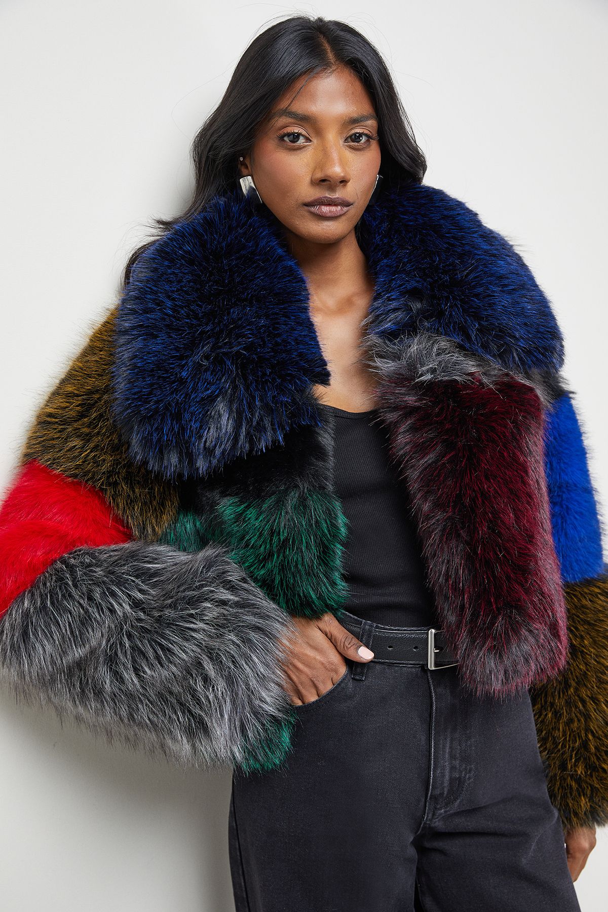 Warehouse Multi -coloured Panelled Faux Fur Coat Multi image 4
