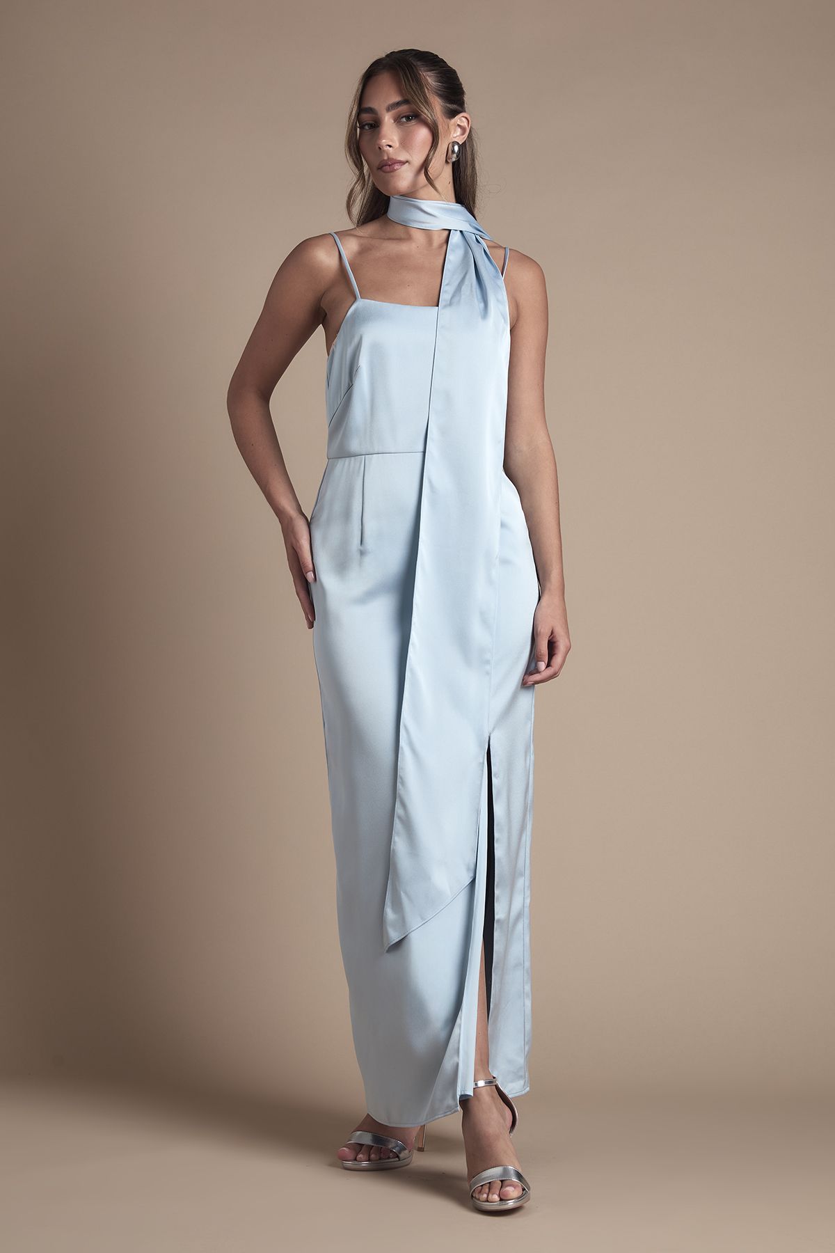 Oasis Oasis By Coast Strappy Satin Maxi Bridesmaid Dress with Scarf Light Blue image 4