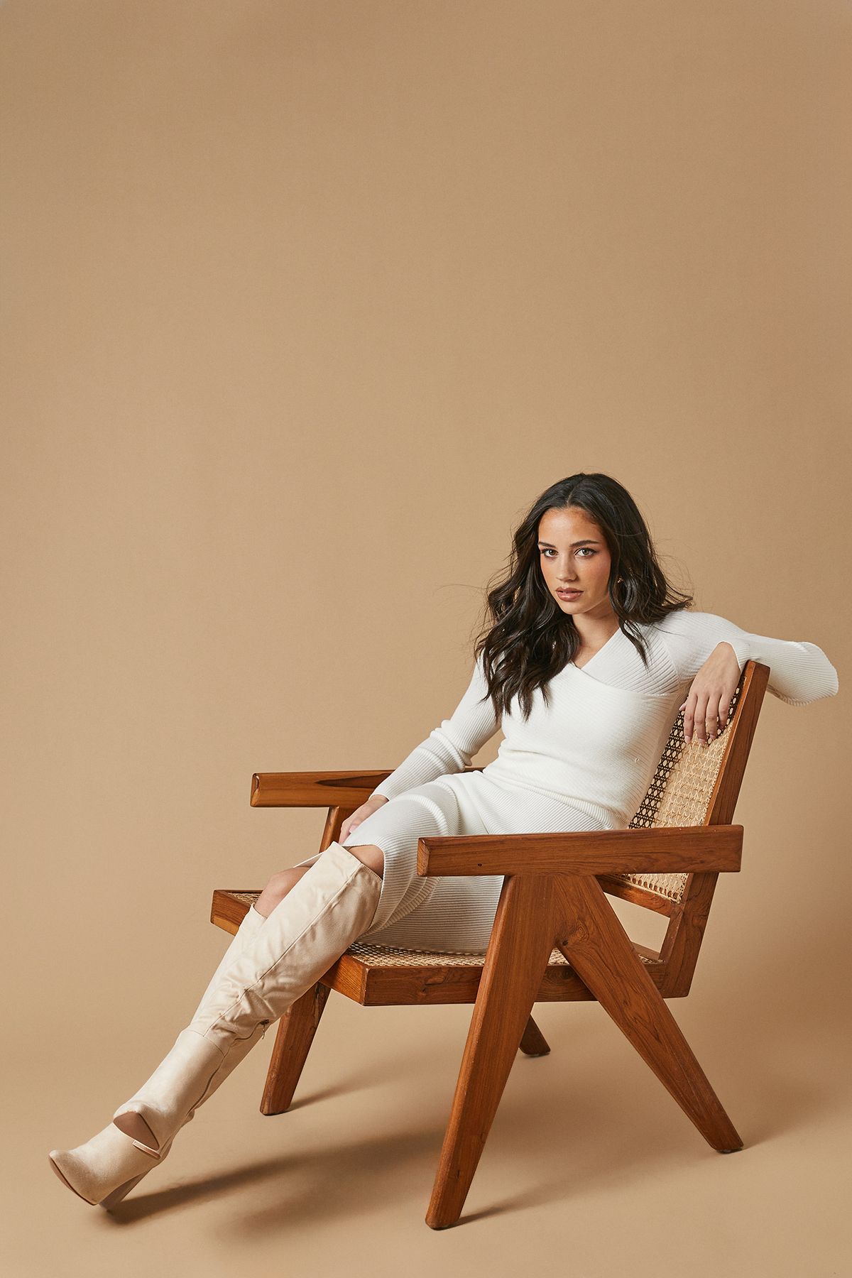 Oasis Kenia Faux Suede High Block Heel Pointed Knee Boot Beige image 1