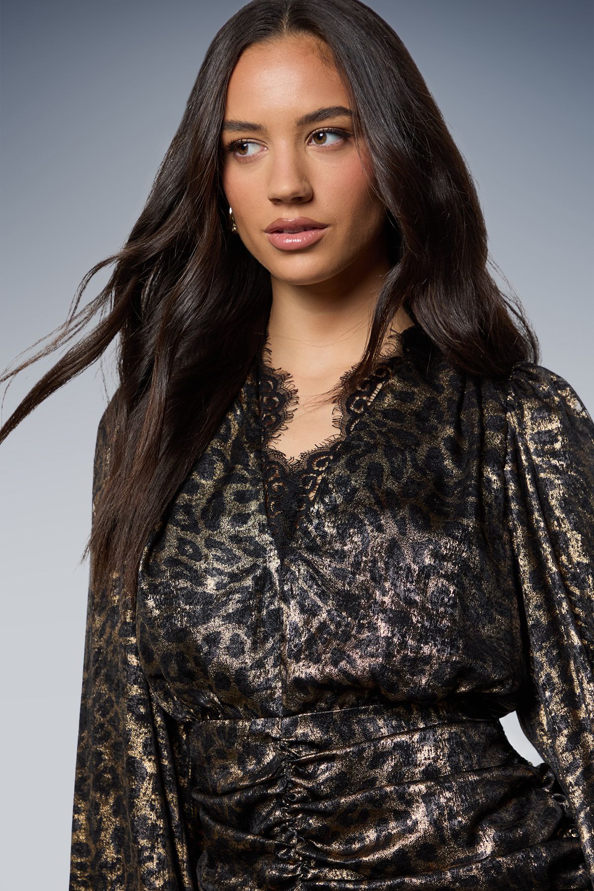 Oasis Leopard Ruched Skirt V Neck Mini Dress Animal image 4