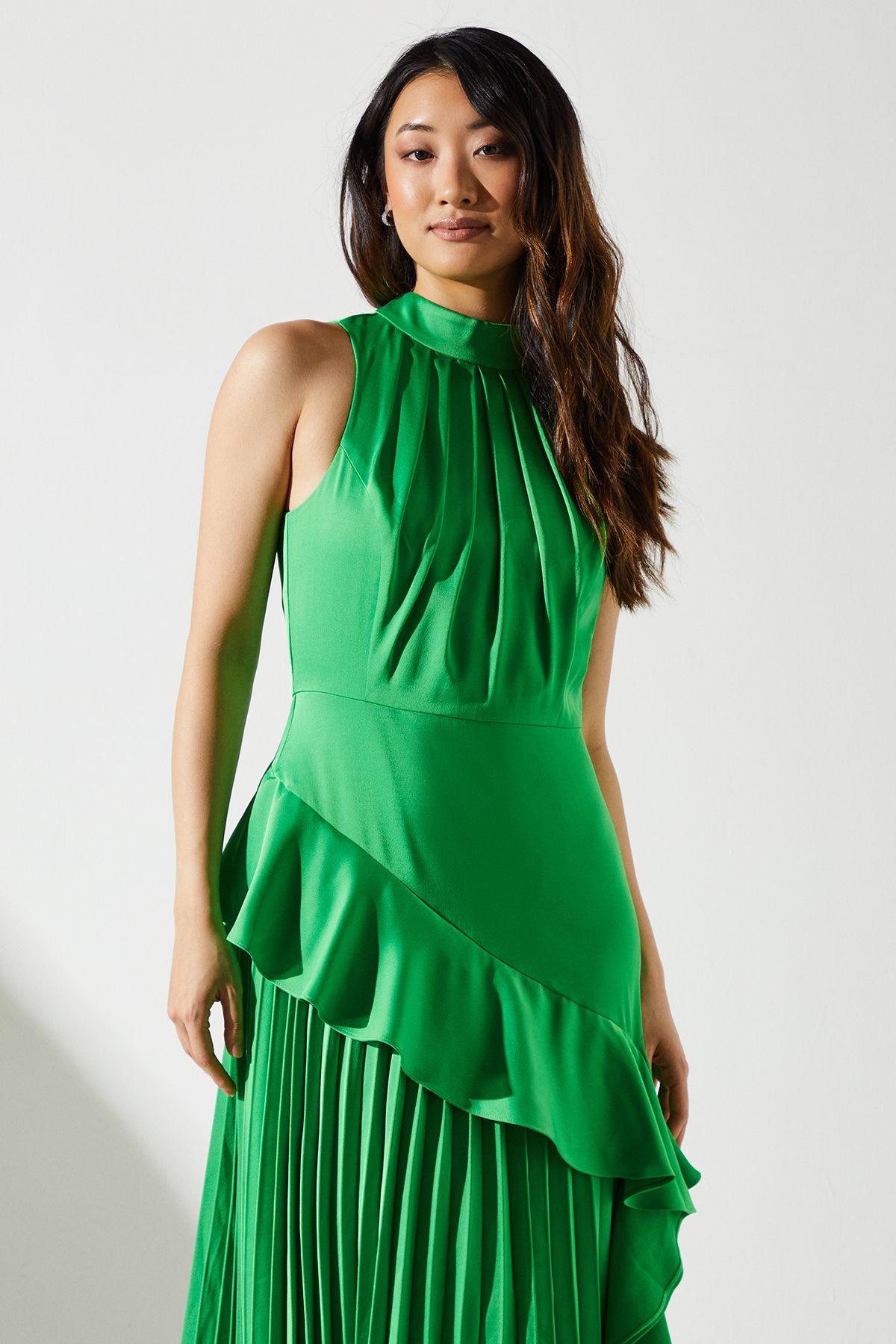 Coast Sleeveless Ruffle Pleat Satin Back Crepe Dress Green image 4