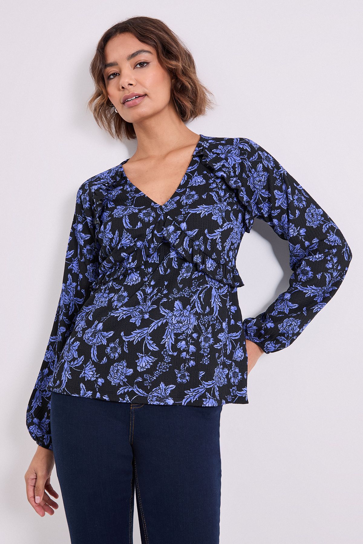 Dorothy Perkins Blue Floral Empire Seam Frill Detail Printed Jersey Top Blue