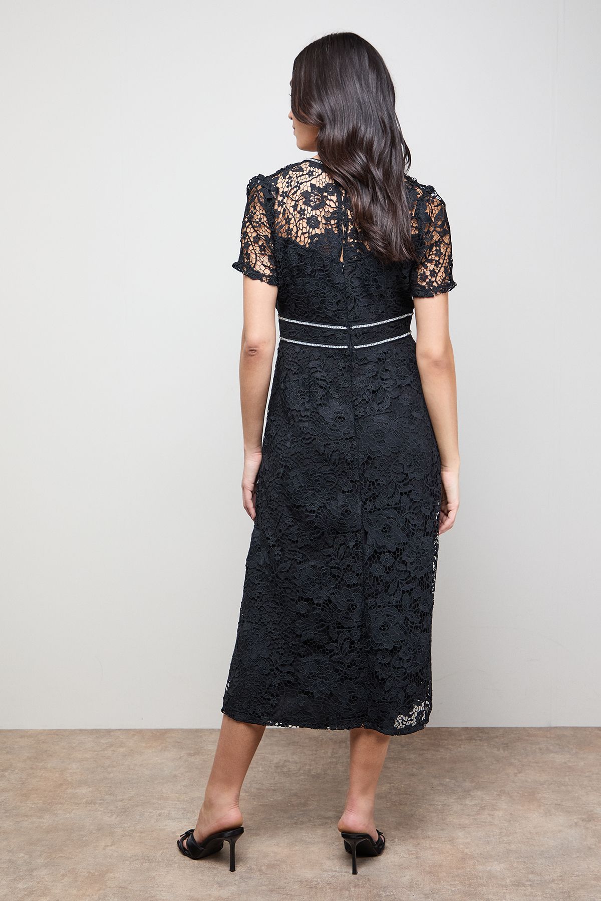 Oasis Lace Diamonte Trim Tea Dress Black image 3