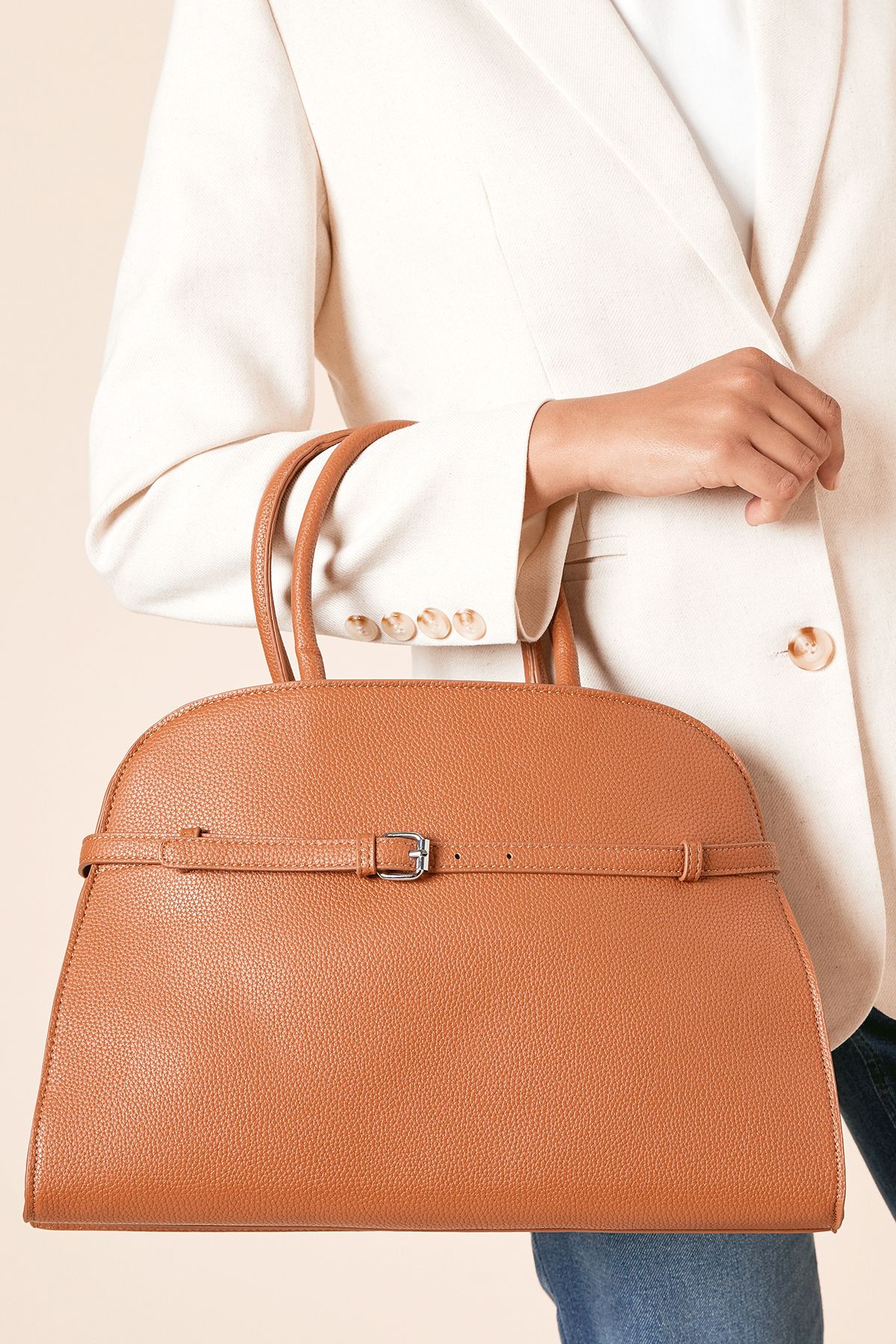 Dorothy Perkins York Large Bowler Bag With Buckle Detail And Crossbody Strap Tan image 1