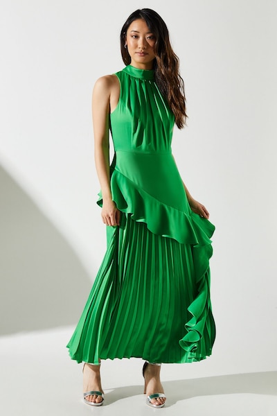 Coast Sleeveless Ruffle Pleat Satin Back Crepe Dress Green