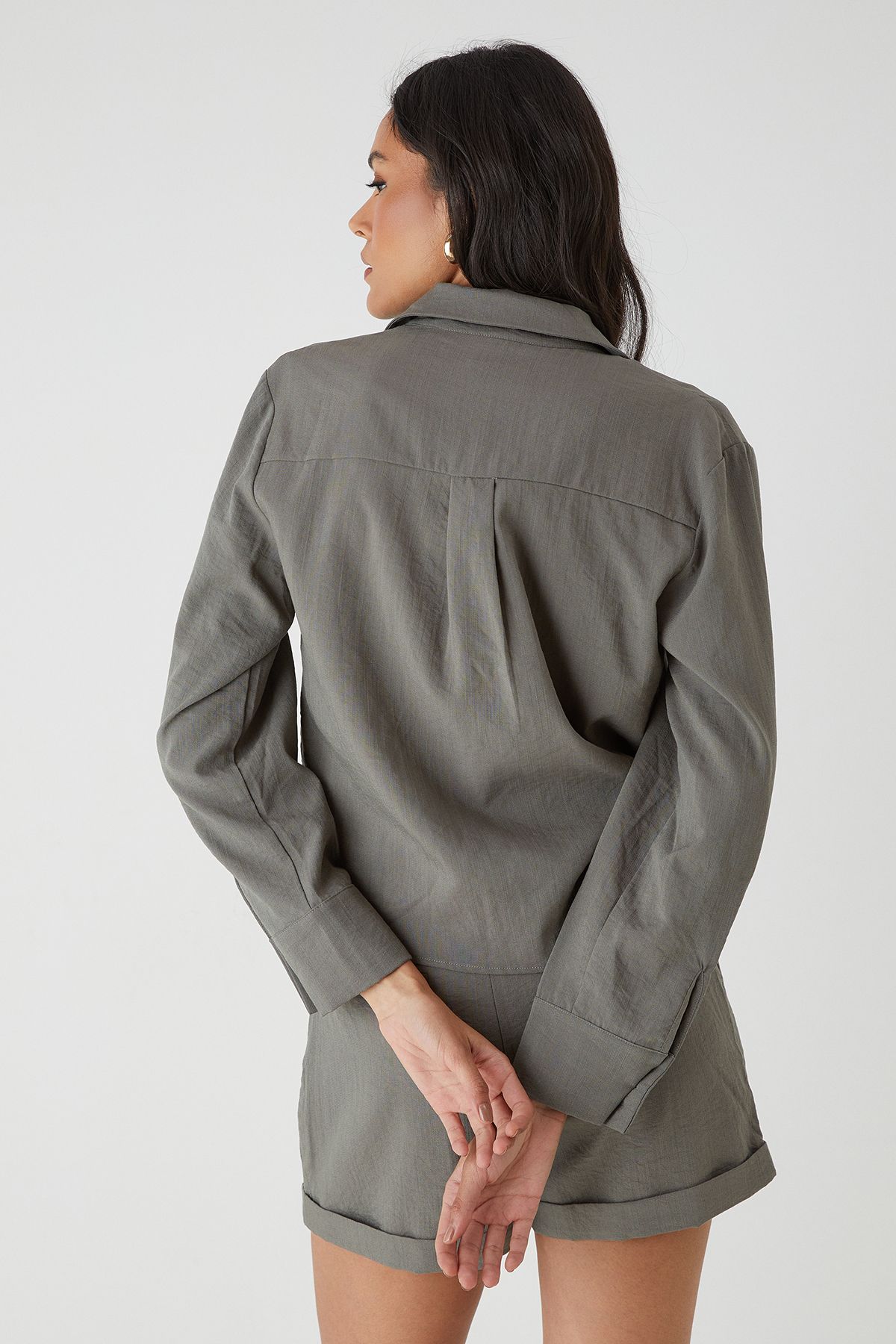 MissPap Linen Look Tie Side Oversized Shirt Khaki image 4