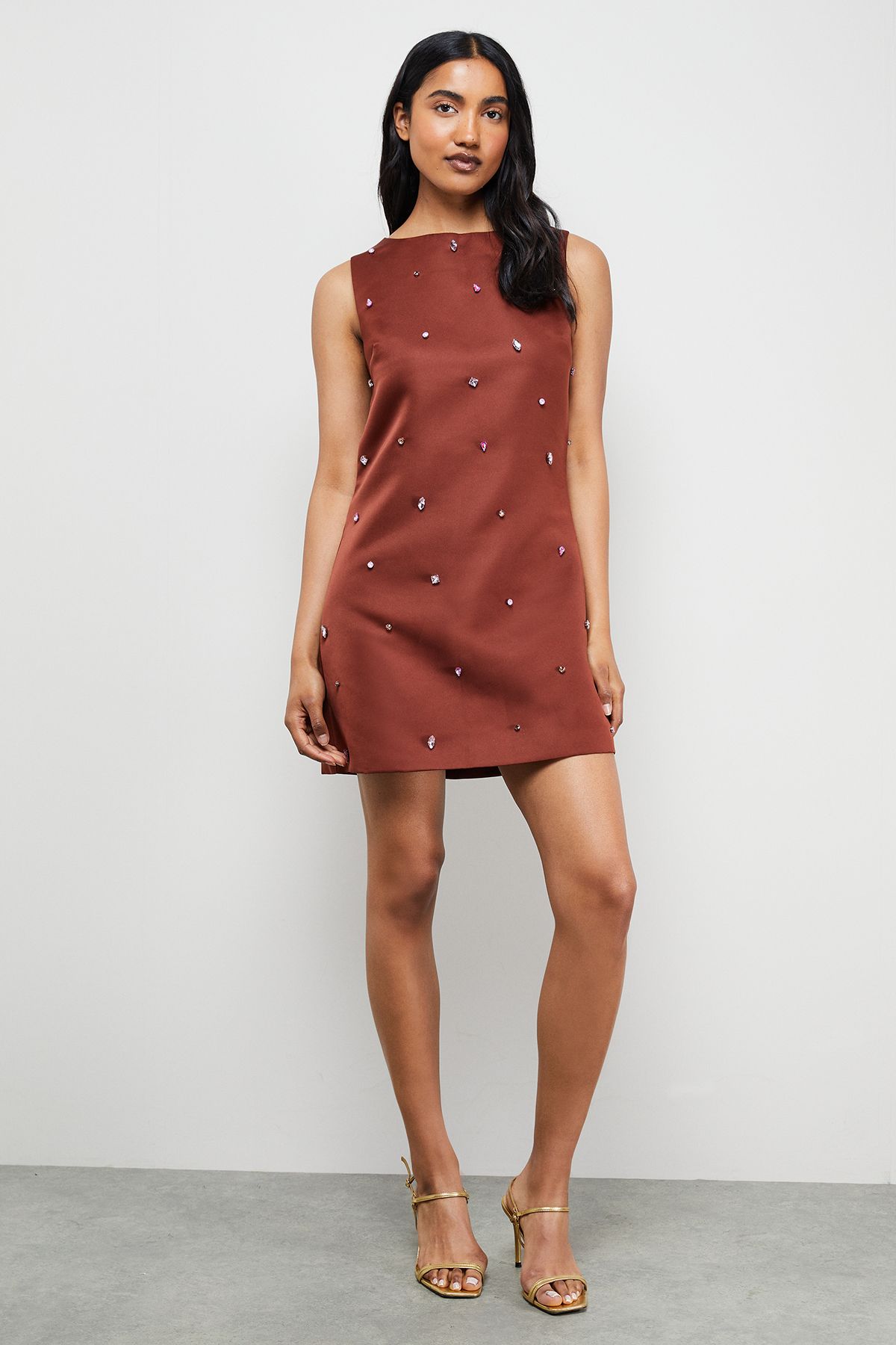 Warehouse Embellished Structured Sleeveless Sequin Mini Dress Chocolate image 2
