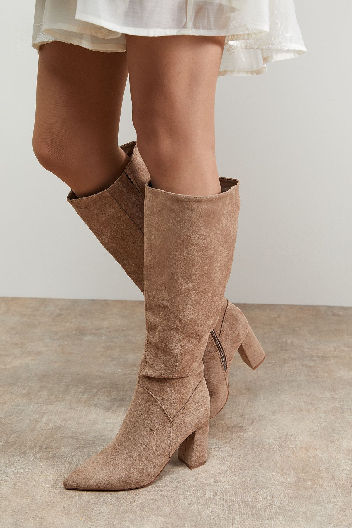 Oasis Jemima Faux Suede High Block Heel Pointed Knee Boots Taupe image 2