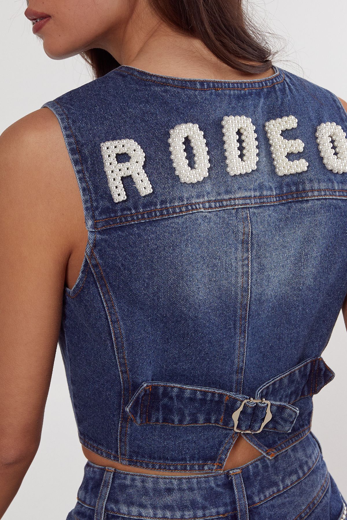 NastyGal Pearl Rodeo Denim Waistcoat Authentic Midwash image 3
