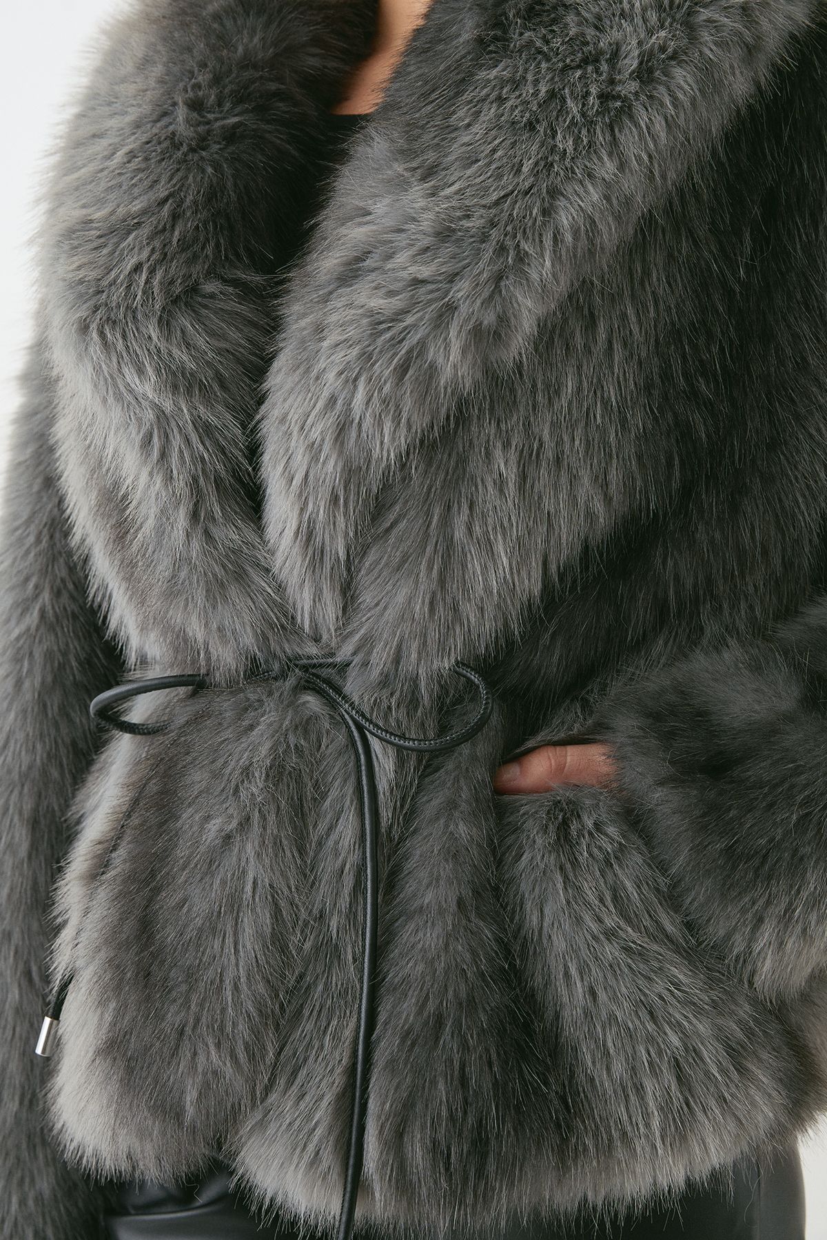MissPap Faux Fur Wide Collar Belted Jacket Dark Grey image 4