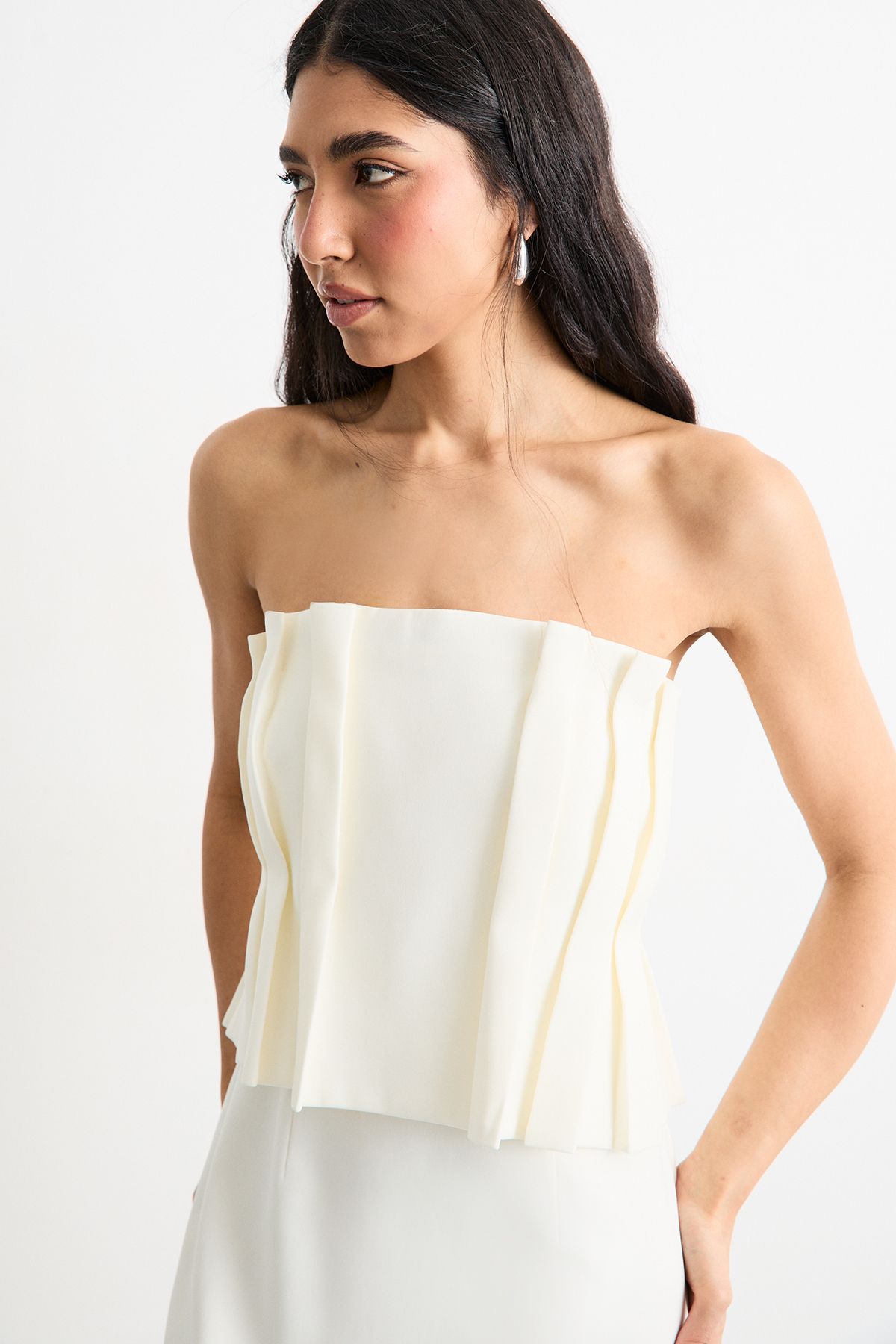 Warehouse Pleated Bodice Column Midi Dress Ivory image 2