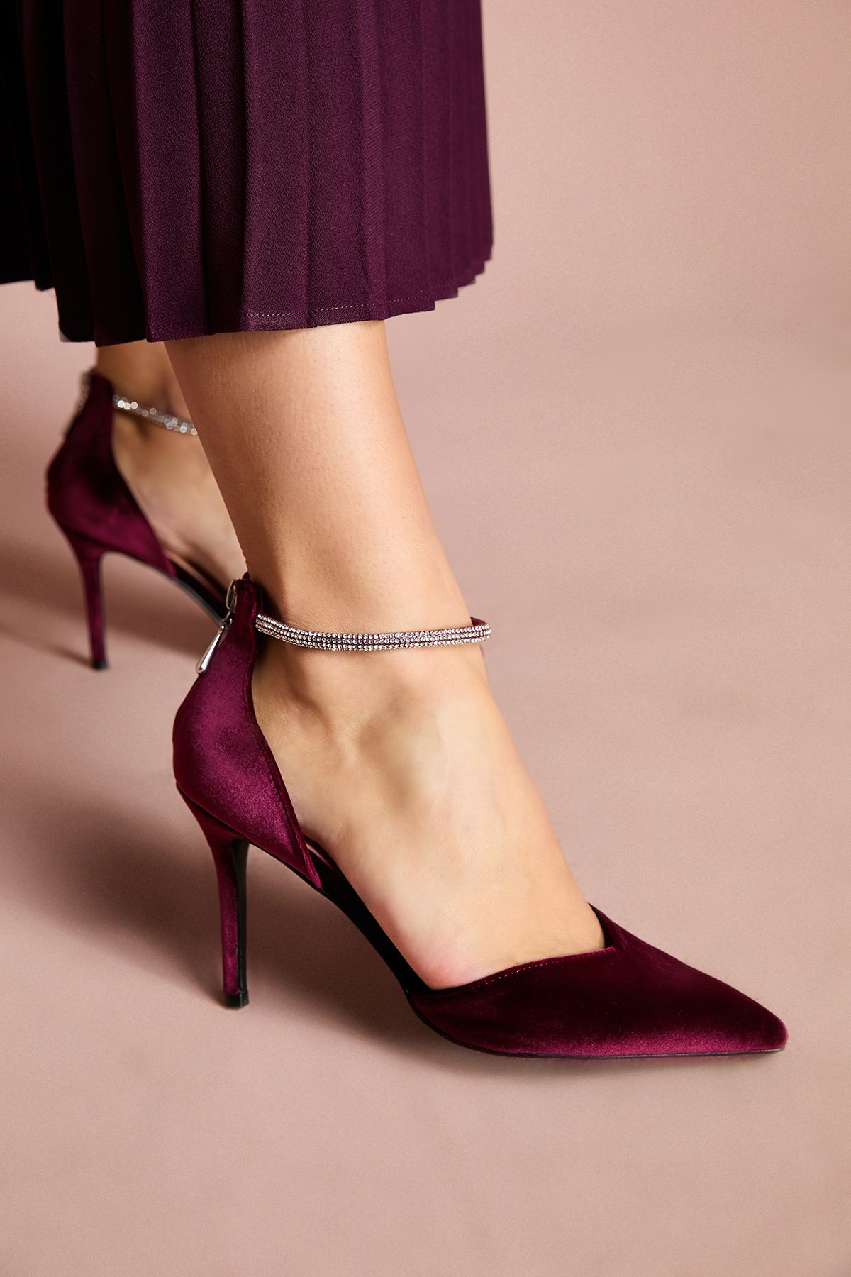 Coast Sicily Velvet Diamante Ankle Strap Pointed Court Shoes Burgundy image 3