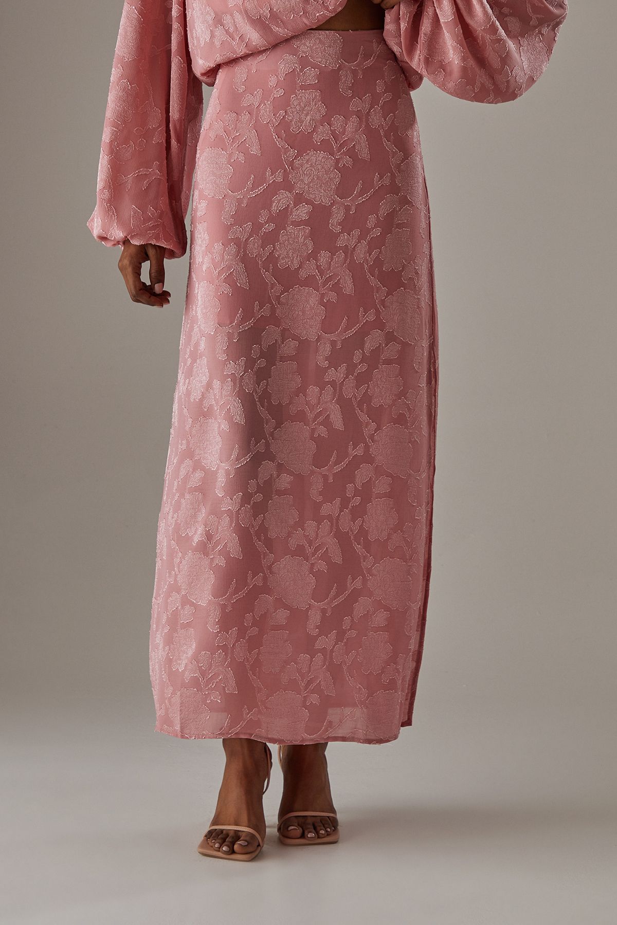 Warehouse Chiffon Jacquard Bias Maxi Skirt Pink