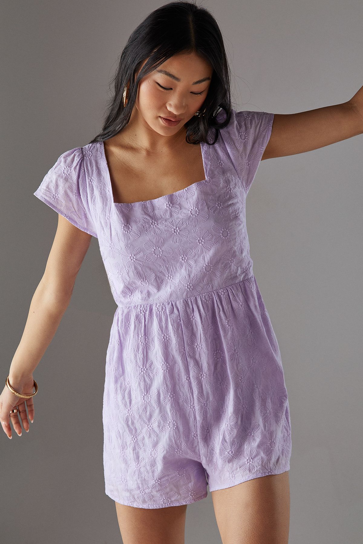 Warehouse Petite Floral Cotton Square Neck Babydoll Playsuit Lilac image 2