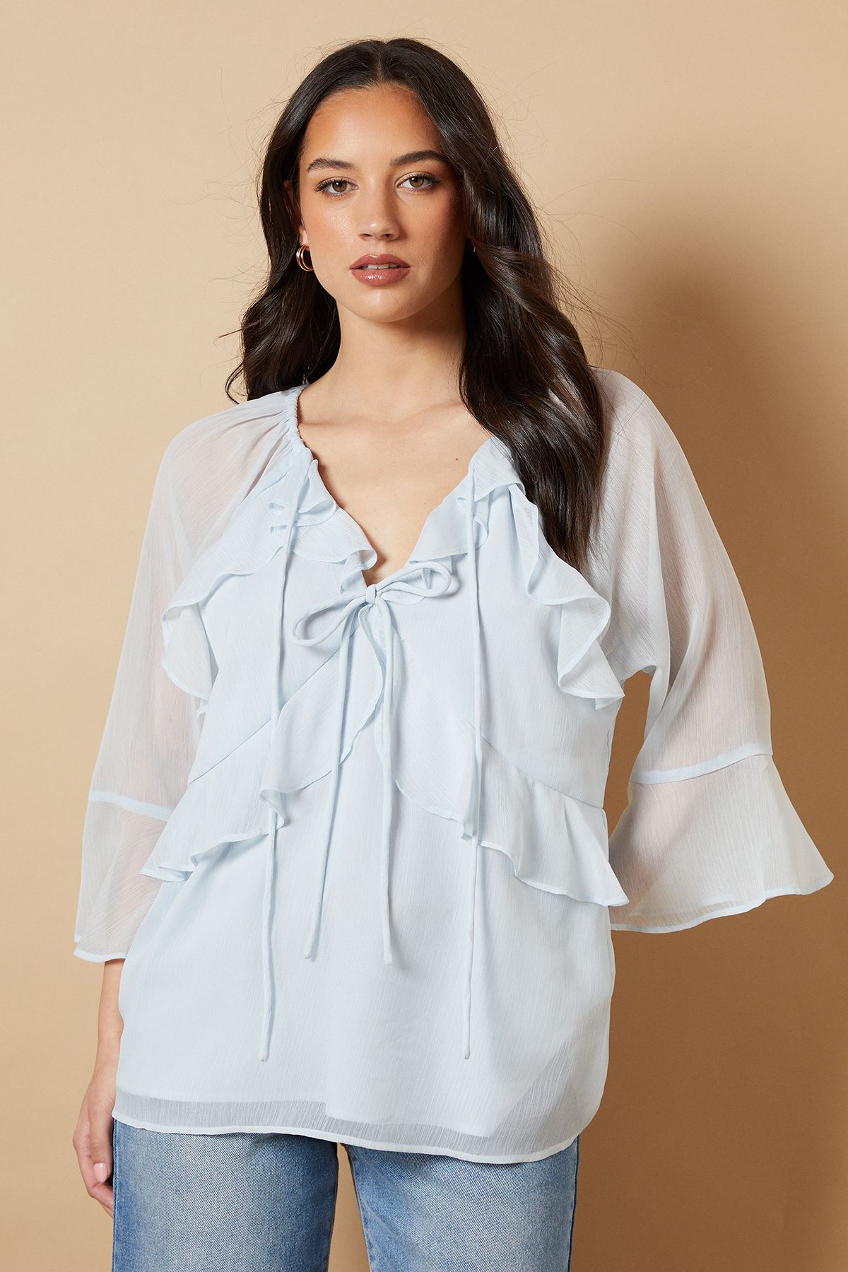 Oasis Boho Ruffle Flute Sleeve Blouse Pale Blue image 1